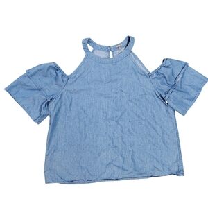 Charlotte Russe Womens Light Blue Jean 2 Tier Ruffled Cold Shoulder Blouse Sz M